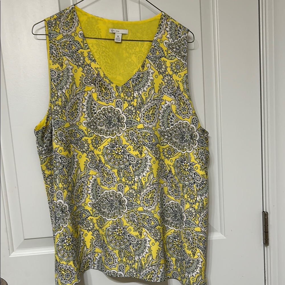 Yellow Green, Blue and White Paisley Sleeveless Tank Top